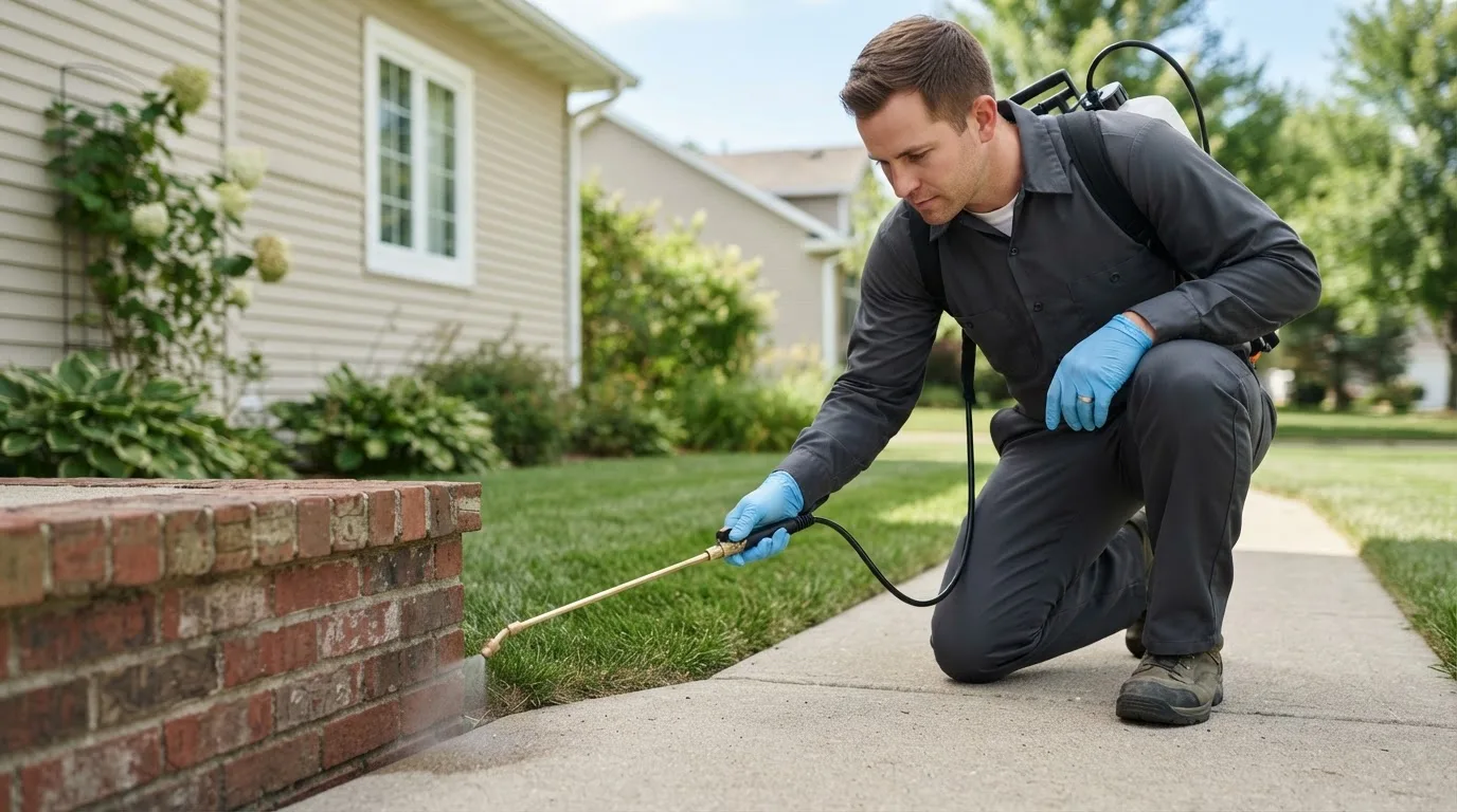 Pest control technician treating a home near Aguila, AZ